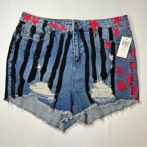 Hot Topic Blue Denim Jean Shorts with Black Stripes and Red Stars